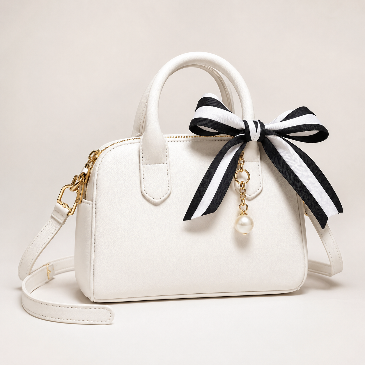 White custom mini bag with monochrome ribbon and charm
