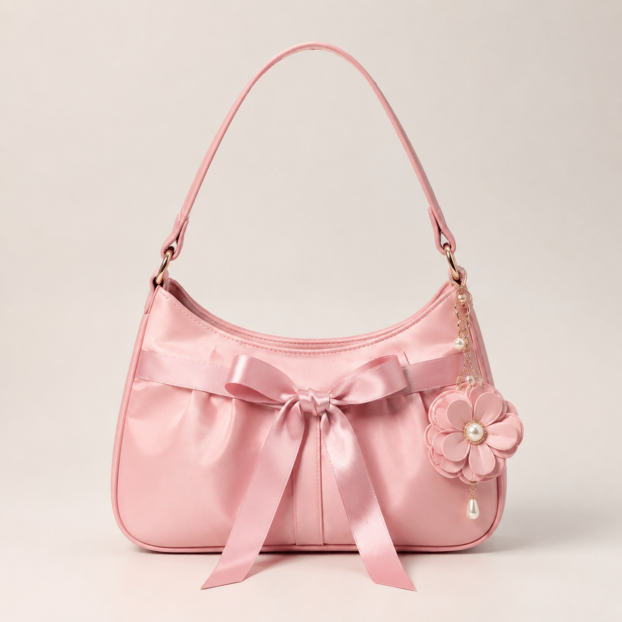 Pink custom fashion bag with ribbon and flower charm